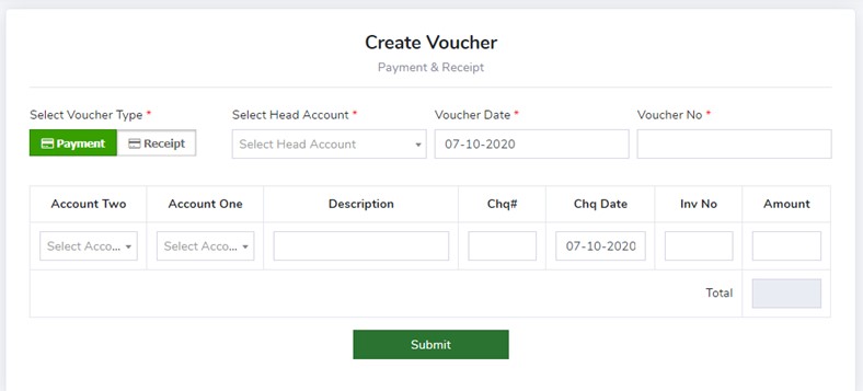 Create Voucher in payments and receipts - Finance Module - ERP Module – Trading ERP - Enterprise Resource Planning System